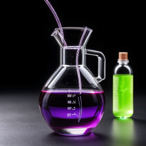 a chemical flask with water and two metal plates connected by wires. purple background, close-up