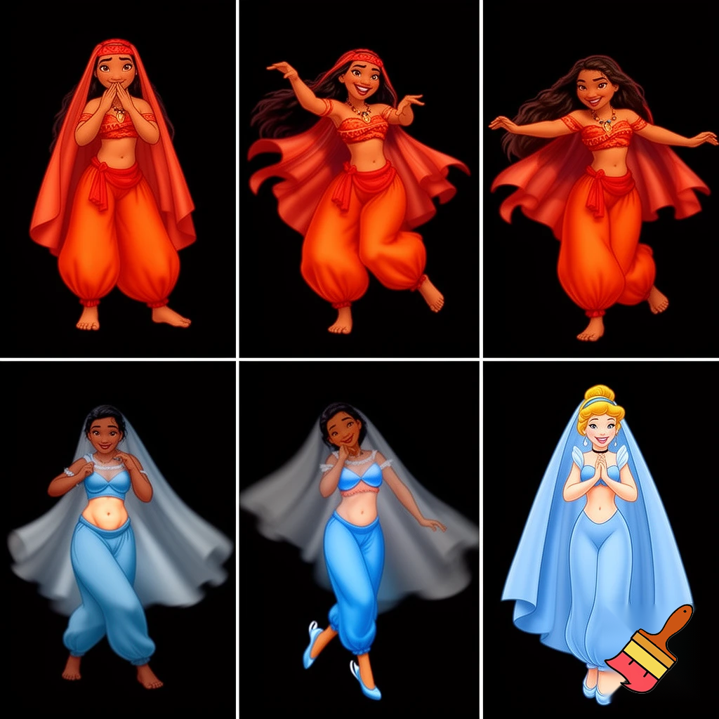 90's disney's 2d aladdin style comic black background and panels of panel 1 moana barefoot with red orange harem pants and bra with both hand palms place together and hiding the bottom of her mouth with a red orange veil wrapped around her arms and attached to her head. 
panel 2 she danced with red orange harem pants barefoot with red orange bra and red orange veil wrapped around her arms and shoulders and raising legs and bounced up and down her belly and shook her hips left and right. 
panel 3 as Moana barefoot with red orange harem pants and bra spreading her arms, happily revealing her face to the viewer and giving a smile as she turns around shook her butt left and right. 
Panel 4 moana barefoot with red orange harem pants and bra started to fading away , except her belly, which is bouncing around. 
Panel 5 then the ball transforms into the fading in belly of blonde haired Cinderella with blue harem pants and blue bra and blue curved slippers and blue veil wrapped around her arms and shoulders with her swaying her hips. 
Panel 6 blonde haired Cinderella with blue harem pants, blue bra and blue curved slippers and blue veil wrapped around her arms and shoulders and with her hand palms place together between her chest and she gives a smile and winking her left eye.  