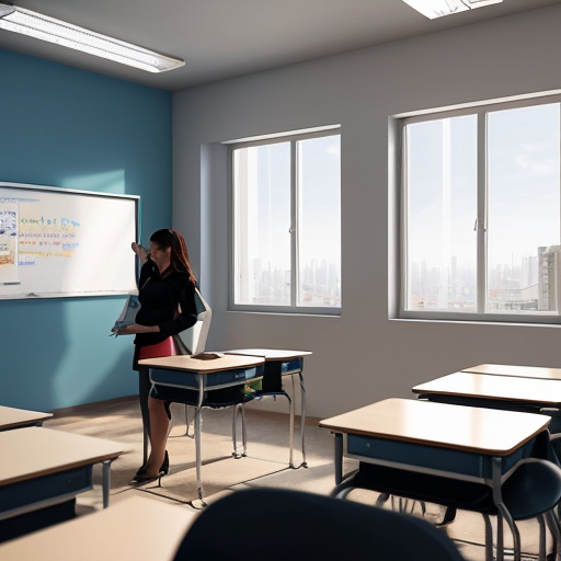 A modern educational scene inside Almaty State Business College (AGBK), Kazakhstan. A young enthusiastic teacher entering a bright classroom filled with motivated students. The classroom is clean, modern, and realistic with computers, desks, and educational posters. The atmosphere is warm, inspiring, and professional. The college building exterior is visible through large windows, showing a modern architecture style in Almaty city. Cinematic lighting, ultra realistic, 3D animation style, Pixar-like quality, high detail, soft shadows, depth of field, emotional storytelling, 4K resolution.