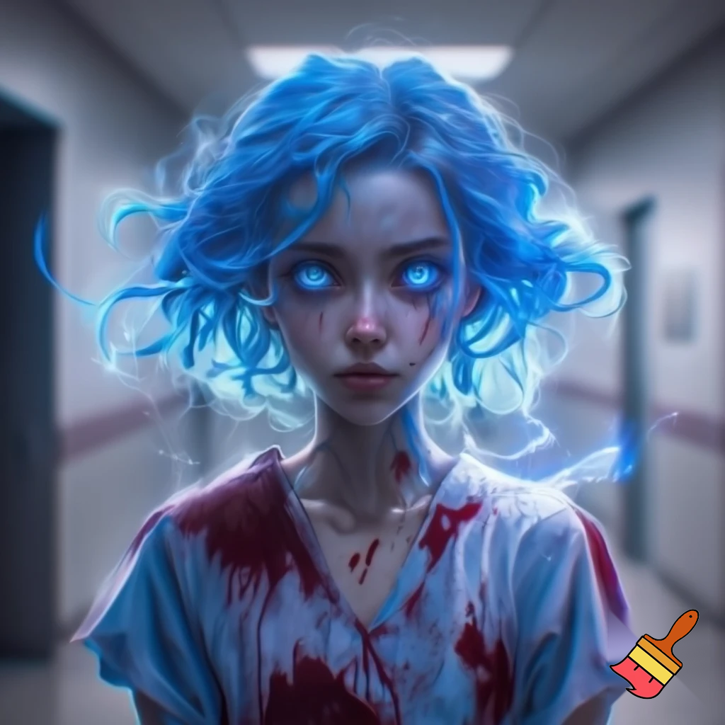 An anime girl with glowing blue hair and glowing blue eyes in a bloody hospital gown
