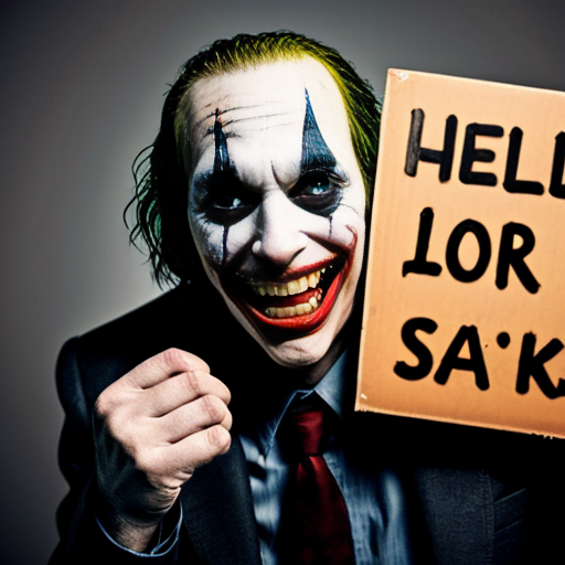 European rabbit, red glaring eyes, sharp teeth and fur, holding a sign, angry face, joker smile
