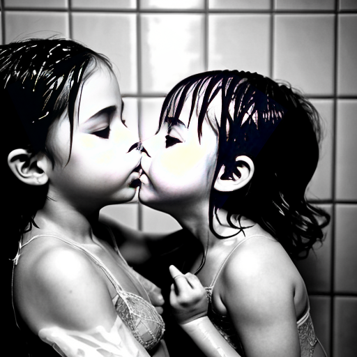 Genera la imagen real de 3 niñas pequeñas de 6 años, en la ducha, vestidas con lenceria de encaje transparente con su padre besandose