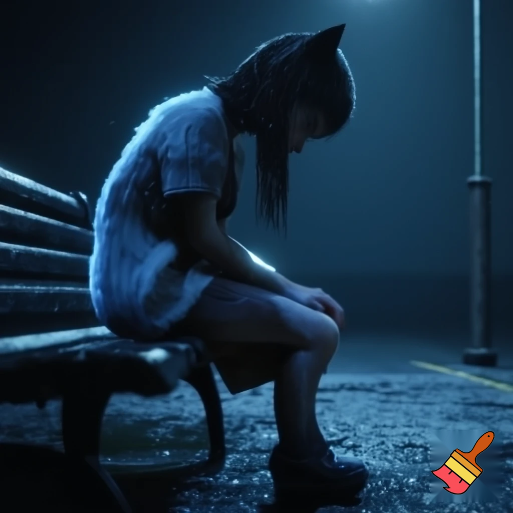 “3D cinematic shot of the cat-girl sitting on a street bench under a dim streetlight, drenched clothes, soft raindrops on fur, eyes downward, emotional mood, dark blue night tone, high detail, same character face and dress.”
