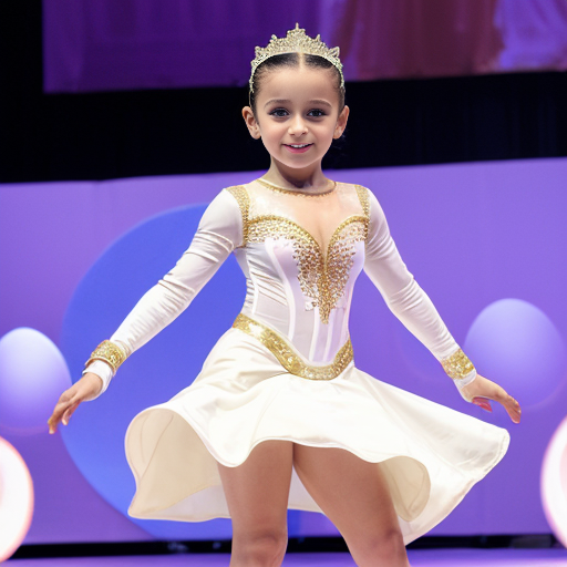 5岁女孩穿白色拉丁舞服，拉丁舞服上布满大号镂空圈