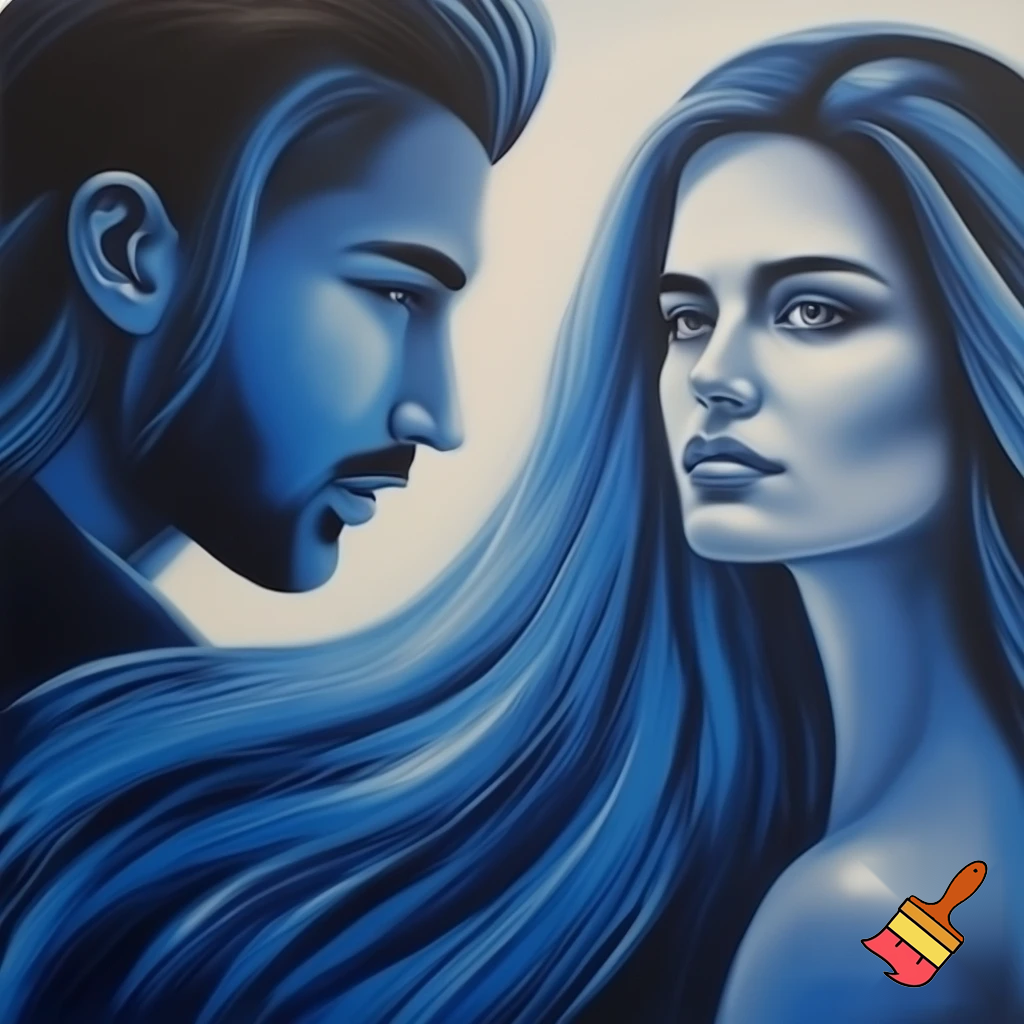 acrylic painting romantic couple man and woman with a long hair love blue and grey modern abstract
