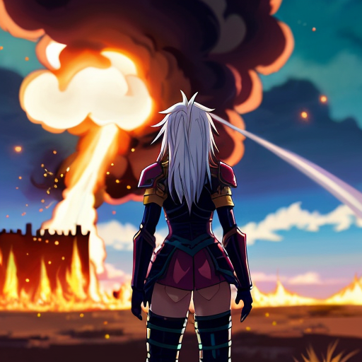 young, tall, white-haired woman in armor stands in front of a burning castle into which meteorites are falling.