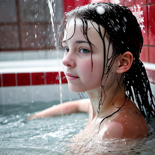 girl teen winter, a showers in red water