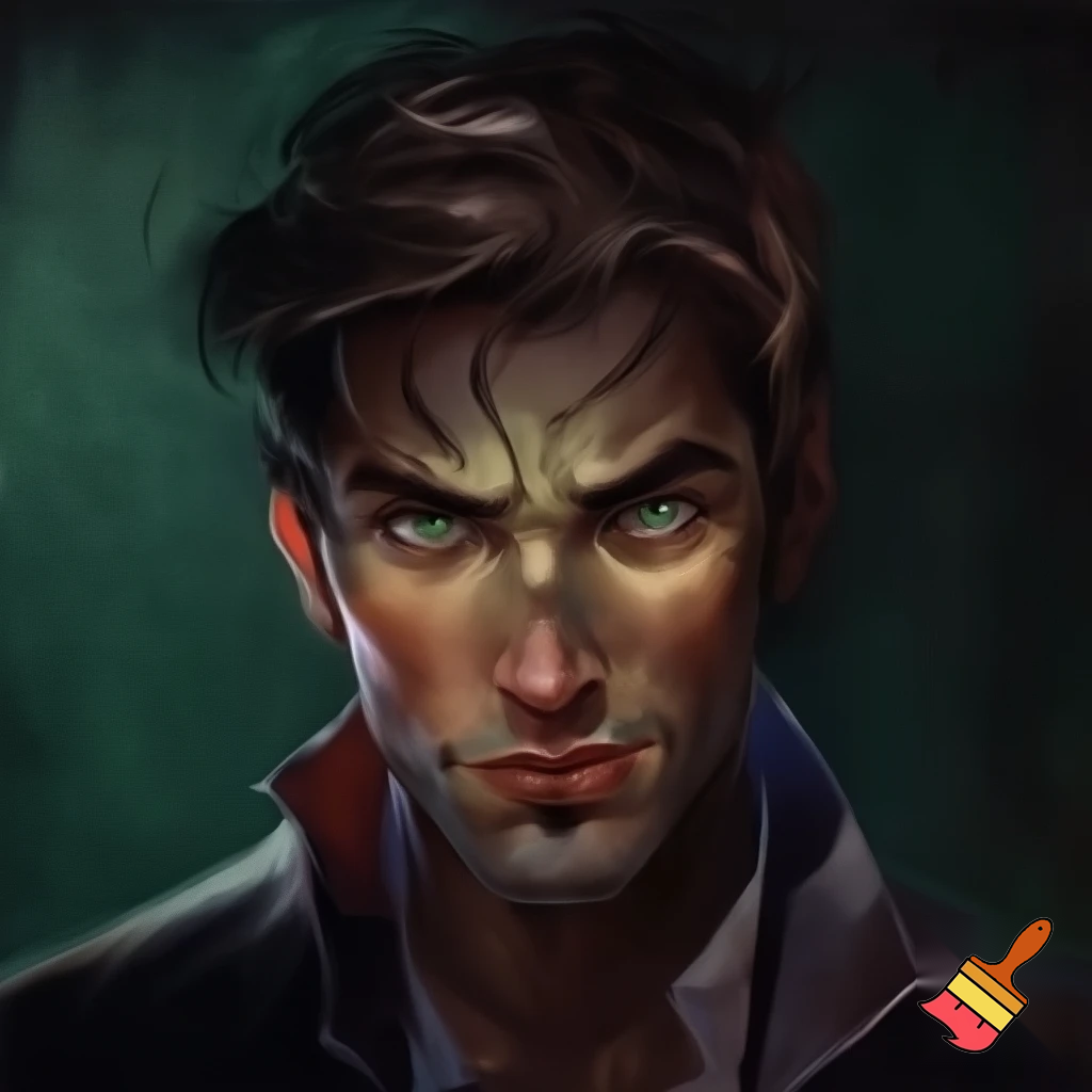 Portretul unui infractor malefic, brunet, cu mustață, cu ochi verzi, frumos, seducător, criminal, hoț, manipulator, care sfidează justiția.