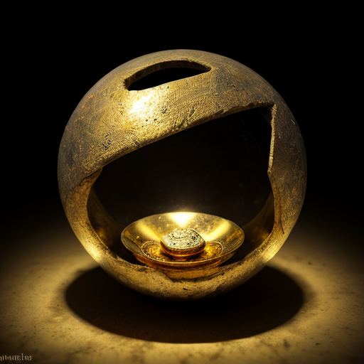 ancient mysterious artifact, unknown symbols, dramatic lighting, archaeological photo, very photorealistic, gold ball, small symetric crystals, small gold plates with animal symbols
