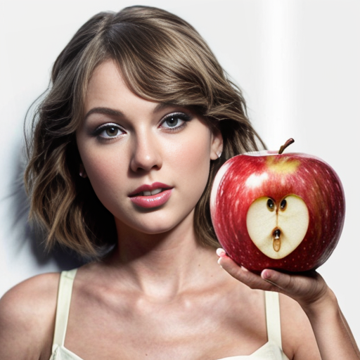 Jabłko z realistyczna twarza Taylor Swift oraz z uroczymi małymi zwierzęcymi nóżkami i rekami. Na białym tle. Ma być dorosła. Bardzo urocze!