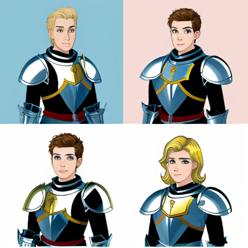 A cartoon image of three Knights. On the left is an older man. In the middle is a girl knight with golden armor. On the right is a man with blonde hair.