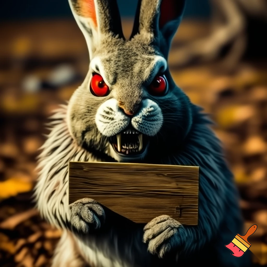 European rabbit red glaring eyes sharp teeth and fur holding a sign angry face firce