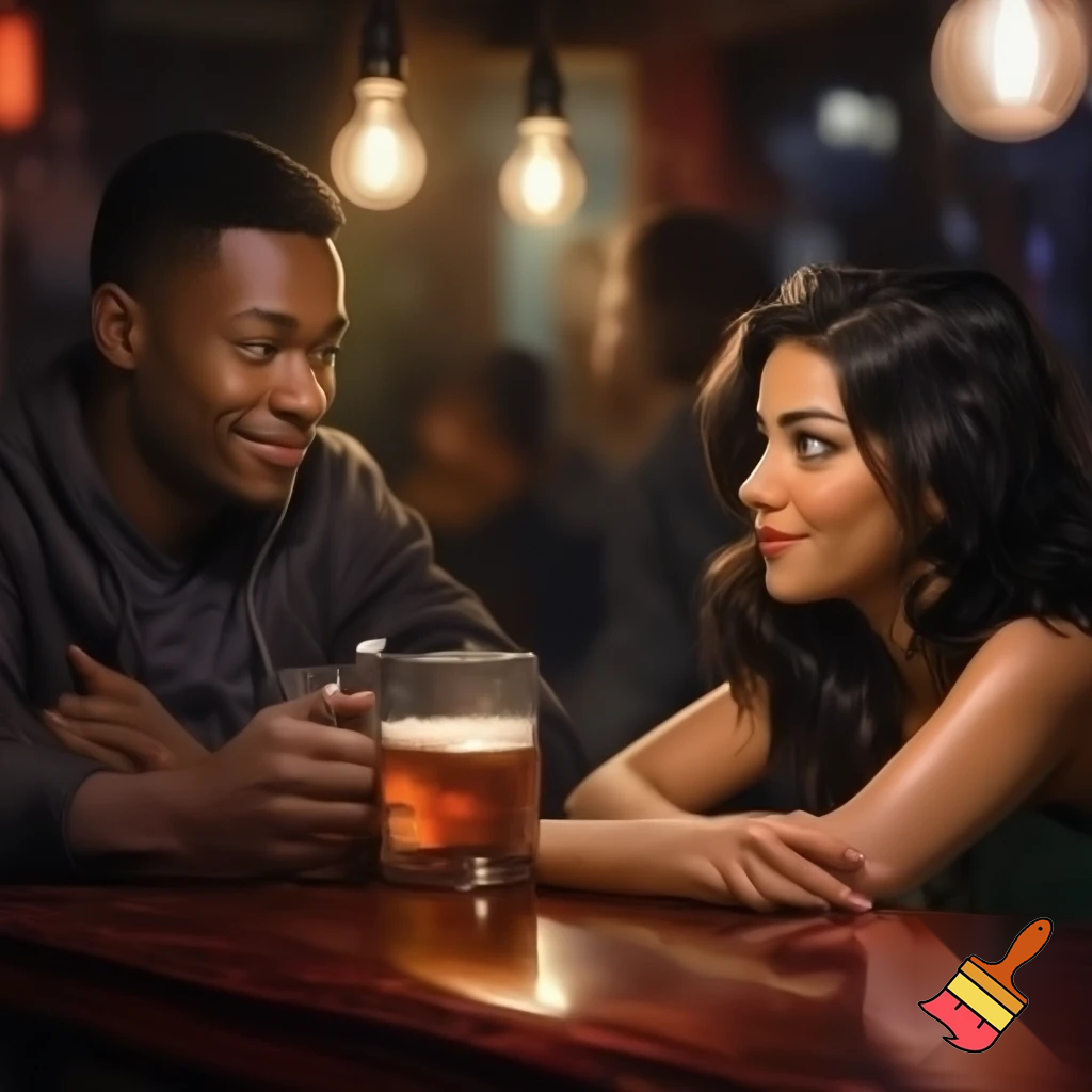 Create a realistic cartoon of black man with a Spanish girl dating at a bar
