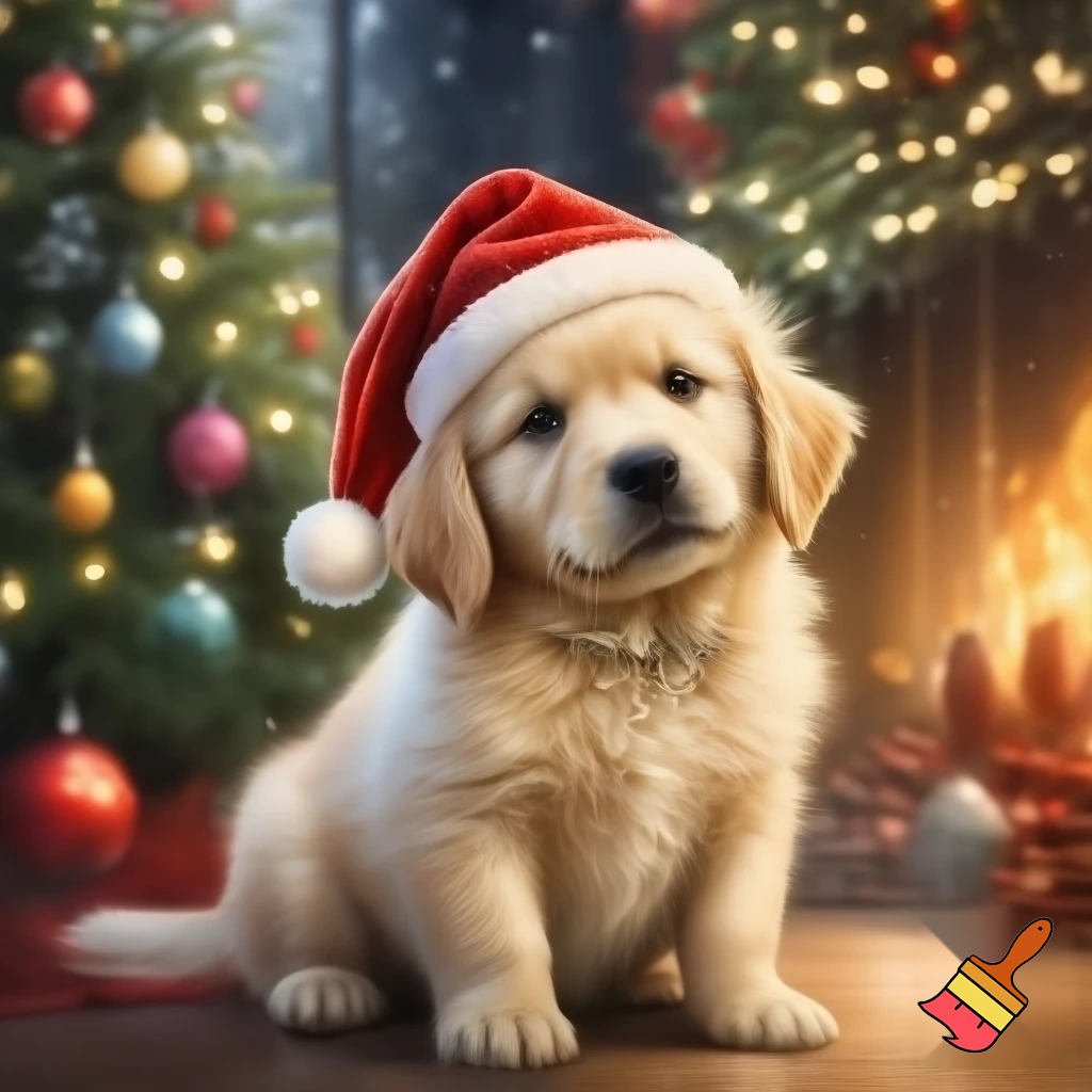 een witte golden retriever met een rode kerstmuts en een kerstboom