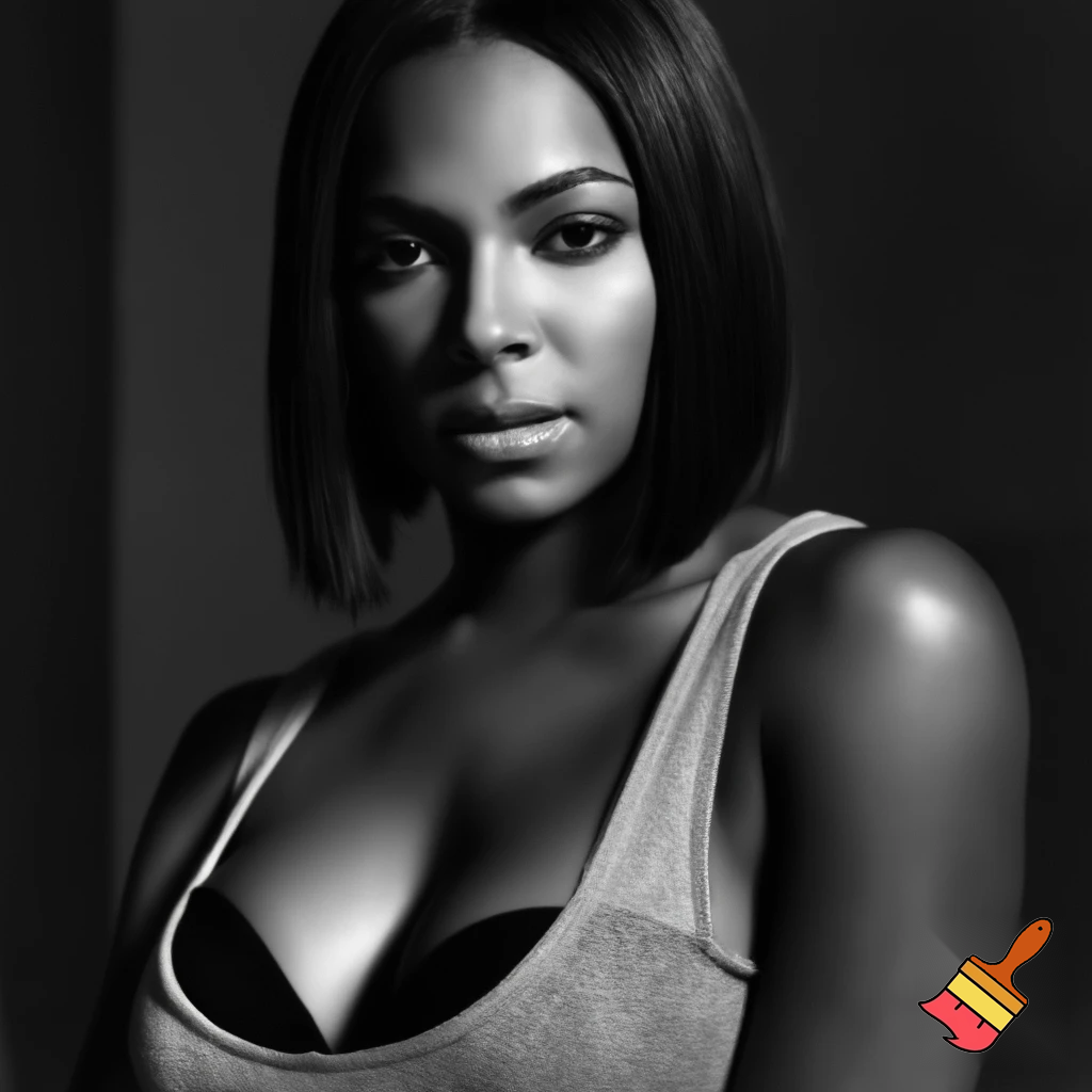 Black and white image of Ashanti Wearing a grey tank top and black bra and has a sleek middle part bob hair
