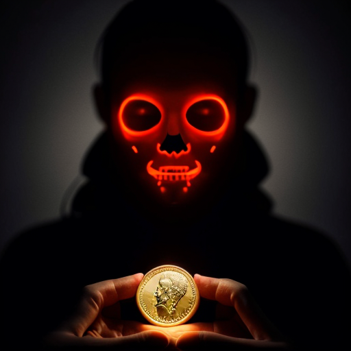 Faceless human silhouette thinking with glowing coins and abstract brain floating around, dark cinematic background, minimalistic style, mysterious and futuristic vibe, high resolution, cinematic lighting, centered composition, professional look