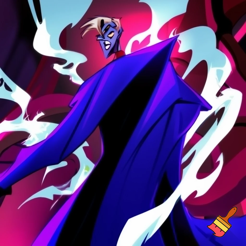 Percival de rolo in the art style of hazbin hotel wearing his signature blue overcoat and smoke curling around him