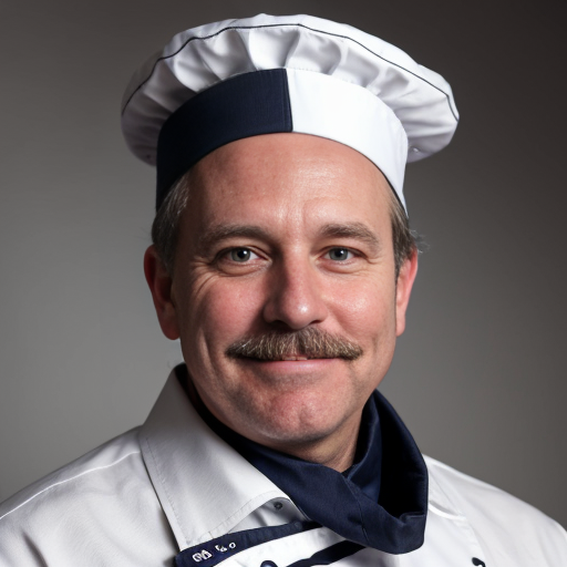 Na slici je portret muškarca u kuharskoj odori. Nosi visoku bijelu kuharsku kapu i bijelu uniformu, a oko vrata ima tamnu maramu. Ima gustu, sijedu bradu i brkove te blago nasmiješen, smiren izraz lica.

Slika je naslikana u impresionističkom stilu – potezi kista su vidljivi, a boje su mekane i svijetle, s prevladavajućim plavim i bijelim tonovima. Pozadina je jednostavna, svijetloplava, bez detalja, što dodatno ističe lik kuhara. Ukupan dojam je topao i živ, s naglaskom na karakter i izraz lica portretirane osobe.