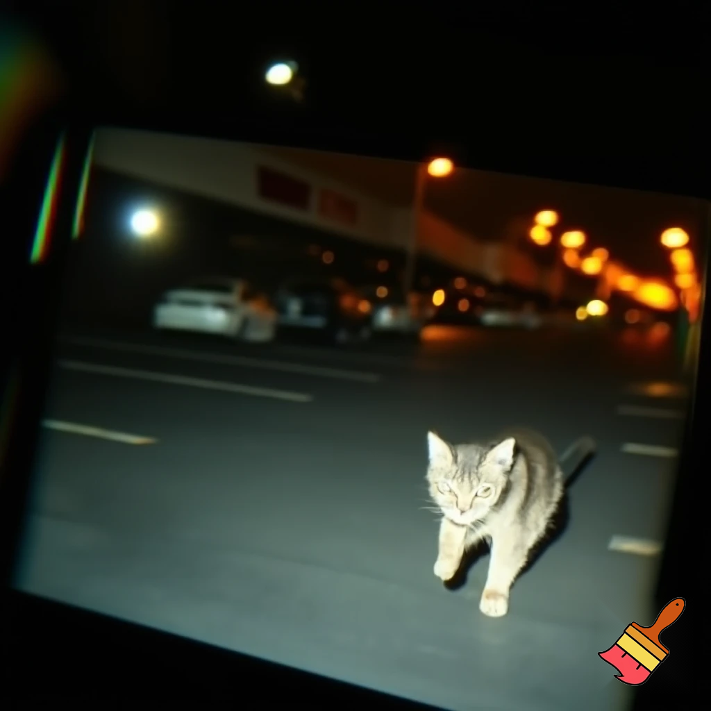 Photorealistic, handheld shot, in the style of a cellphone camera with a flash, an empty shopping mall parking lot at night,  streetlights in the background, a stray cat passing by in the foreground, chromatic aberration, tilt-shift effect