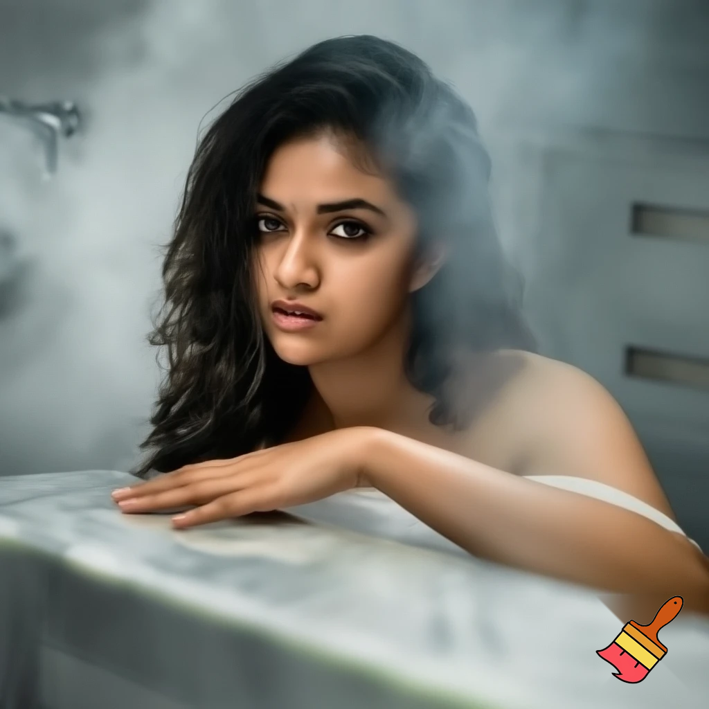 Portrait of  Keerthy suresh with wet, wavy hair, wrapped in a white towel, leaning on a marble bathroom counter with steam in the background, neutral expression, realistic photography style, high detail