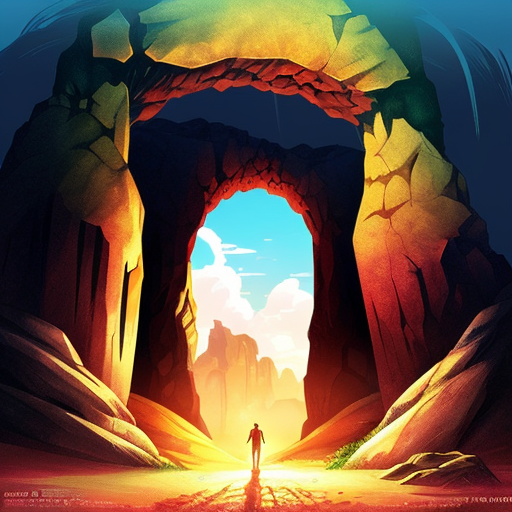 Colorize a desert Cave entrance arch with multiple abstract figures in Tanguy  style