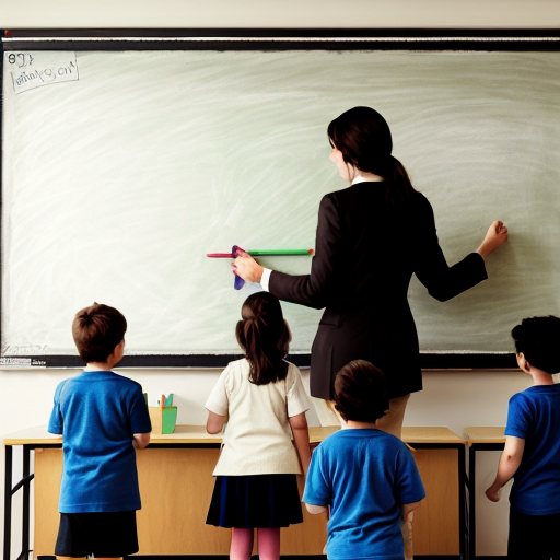 European teacher stands at the blackboard surrounded by children, a drawing in light colors