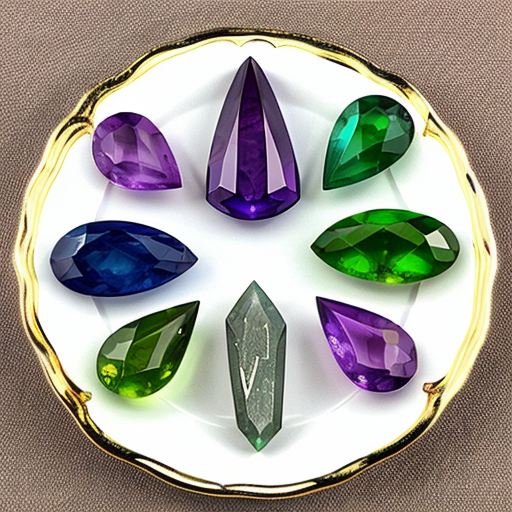 Placed on a gold square plate. First row gemstones Sardius, Peridot, Polished Emerald. Second row gemstones Anthrax ruby, Sapphire, Flint glass. Third row gemstones Precious opal, Polished agate, Amethyst. Fourth row gemstones Olivine, White onyx, Jacinth