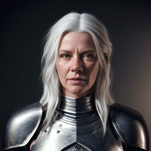 Tall white-haired woman in armor