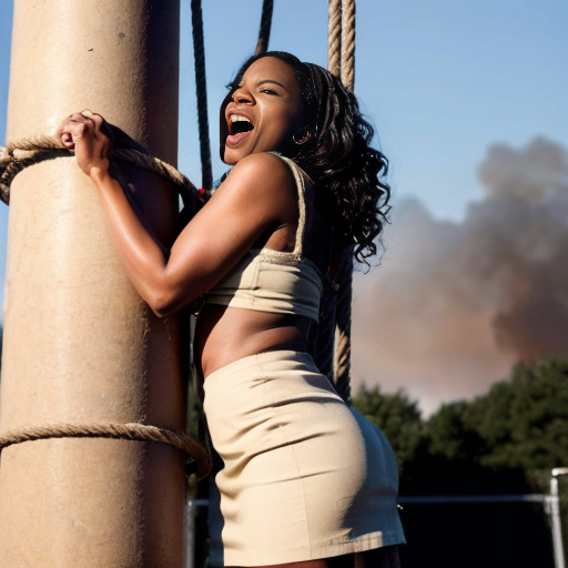 Actress Nia Long long curly hair naked wear a light beige skirt arms behind back to the pole ,tied up by ropes background screaming burned at the stake fire
