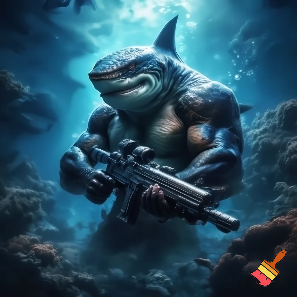 King shark prince nanaue using a assault rifle 