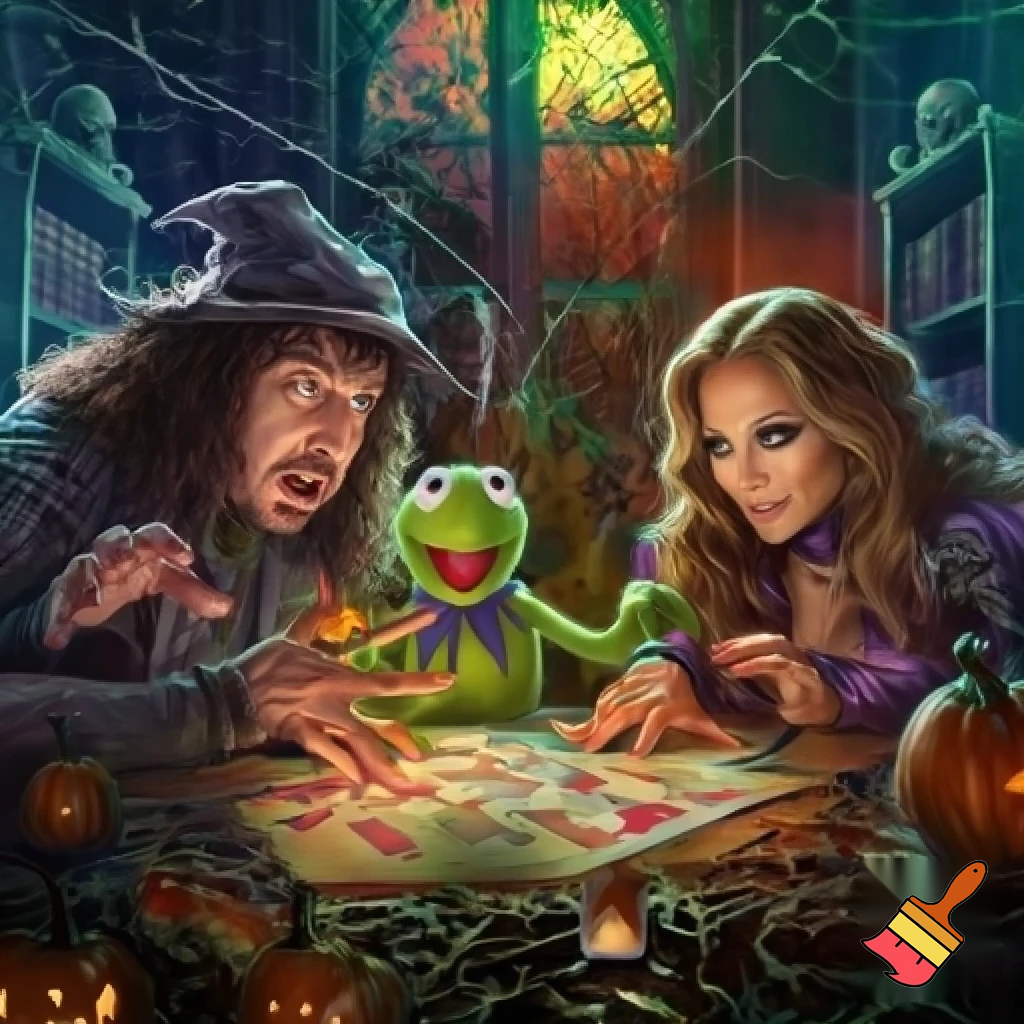 Dustin and Eddie munson with Kermit the frog and jlo are playing dungoens and dragons on halloween


