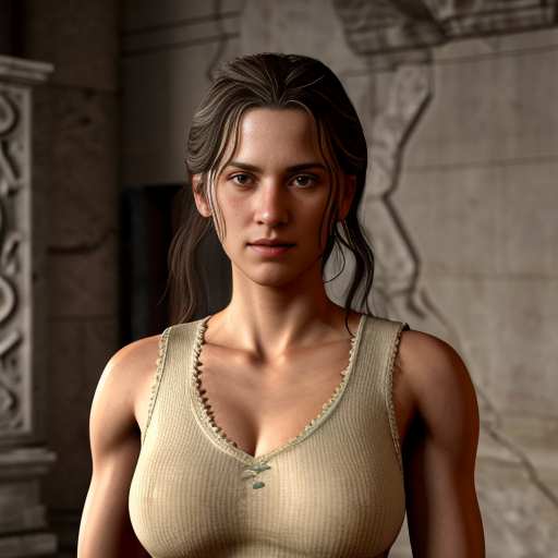 i would like an a ancient greek female fighter in clothes of 1821 of greece and lastly i want her to be happy and proud and at a distansce in a field