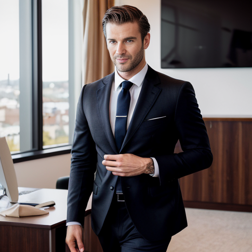 Create a cinematic fashion image of a confident man aged 30–45, wearing a tailored dark suit and carrying the **Fasano Executive Briefcase** in **Ebony Black** full-grain leather. The model should have a calm, professional demeanor, with a slight smile and confident posture. He is walking through an elegant law office, with a polished wooden desk, bookshelves, and soft ambient lighting in the background. 

The focus should be on the model’s sophisticated appearance and the sleek design of the **Fasano Executive Briefcase**, with the bag’s brushed palladium hardware reflecting the soft light. The office background should feature rich textures like leather chairs, a modern desk, and subtle touches of luxury, such as framed legal books and a polished pen. The lighting should be warm, with a mix of soft natural light from the window and ambient artificial lighting to create a refined atmosphere.

The composition should highlight the leather texture, the fine details of the bag, and the overall luxurious yet professional look.
