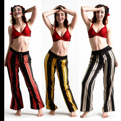 90's disney's 2d aladdin style comic black background and panels of 
panel 1 Harley Quinn with light black and red striped harem pants and bra and black and red curved slippers with both hand palms place together and hiding the bottom of her mouth with a light black and red striped veil wrapped around her arms and shoulders. 
panel 2 she danced with light black and red striped harem pants with light black and red striped bra and red and black curved slippers and with light black and red striped veil wrapped around her arms and shoulders and raising legs and bounced up and down her belly and shook her hips left and right. 
panel 3 as Harley Quinn with light black and red striped harem pants and bra and red and black curved slippers and with red and light black striped veil wrapped around her shoulders and arms and spreading her arms, happily revealing her face to the viewer and giving a smile as she shook her belly left and right. 
Panel 4 Harley Quinn with light black and red striped harem pants and bra and black and red curved slippers and with light black and red striped veil wrapped around her shoulders and arms has started to fading away , except her belly, which is bouncing around and growing. 
Panel 5 then the ball transforms into the fading in belly of Giant red haired giganta barefoot with dark yellow spotted yellow harem pants and bra and dark yellow spotted yellow veil wrapped around her arms and shoulders with her swaying her hips. 
Panel 6 red haired giganta barefoot with dark yellow spotted yellow harem pants and bra and dark yellow spotted yellow veil wrapped around her arms and shoulders then she is flexing her muscled arms 