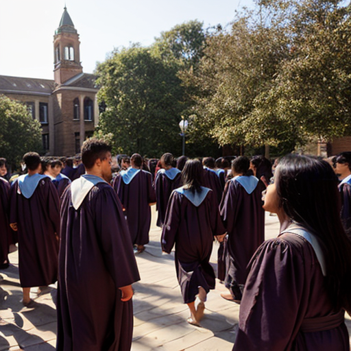 “large university campus full of students in ancient robes, discussion, learning, vibrant environment”