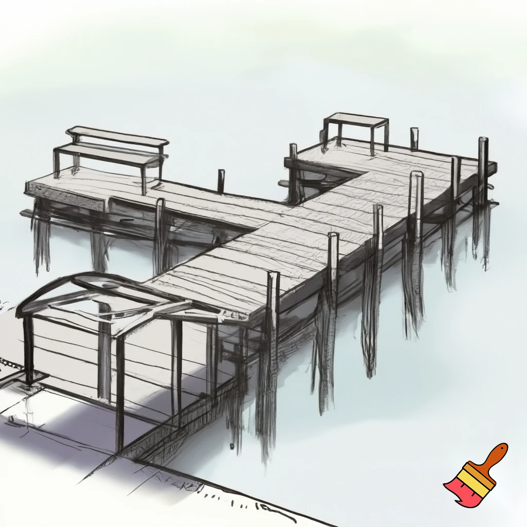 A construction sketch of a dock with 18 pilings and a T shaped end with two benches over a small pond