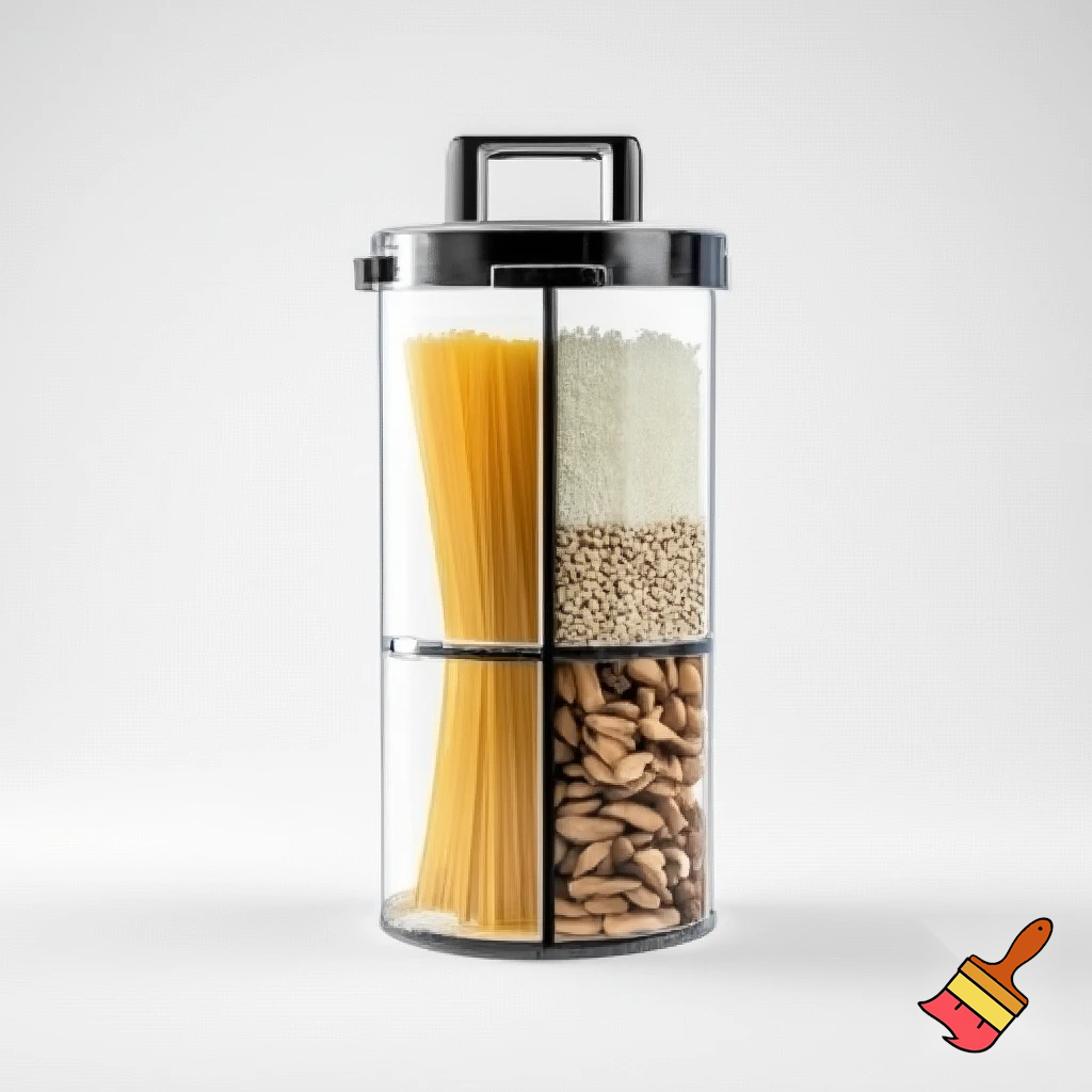make a cylindrical food storage that has a handle ontop and has 4 sections holing different dried food e.g. pasta, rice,grains, nuts
