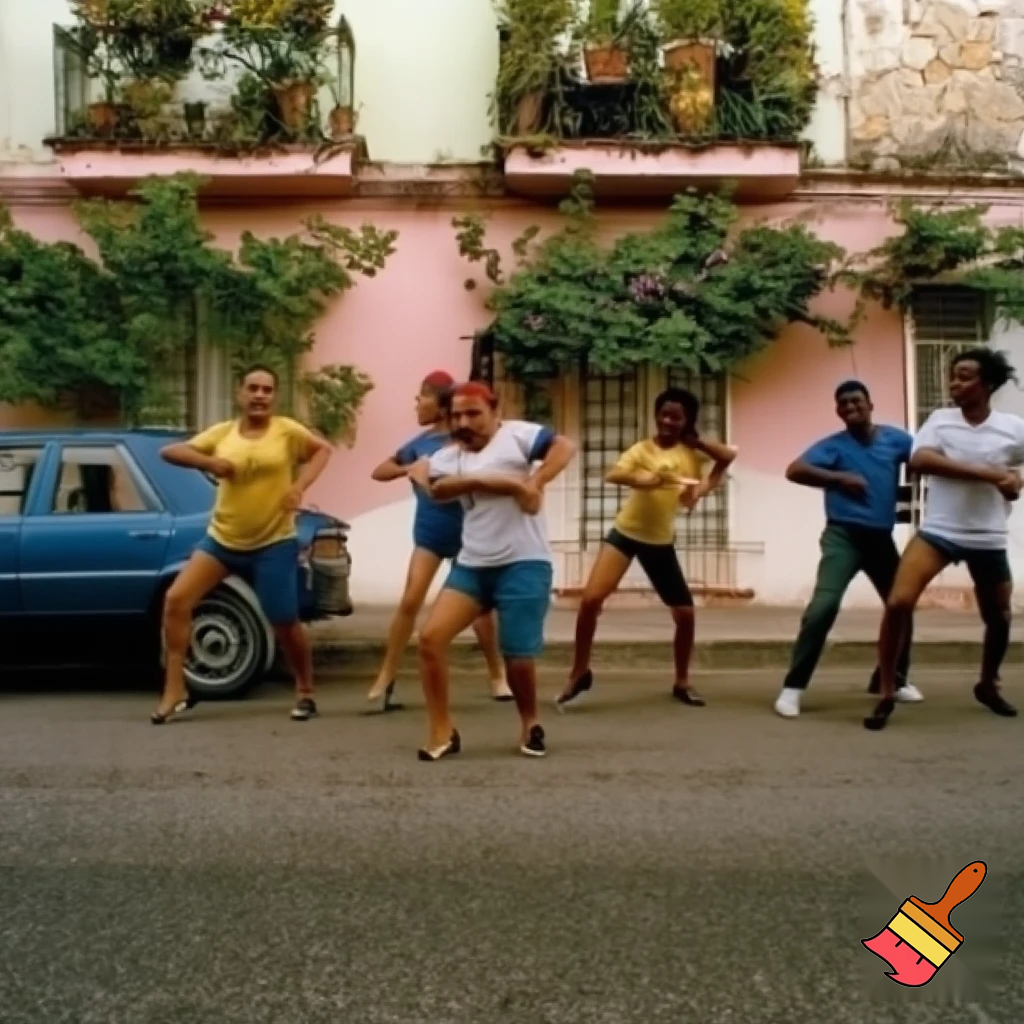 Crea tre coppie distanziate una coppia indietro di ballerini Cubani tre uomini e tre donne che ballano in coppia per strada. Le donne indossano minigonne e magliette in tinta unita. Gli uomini devono essere senza cappello. Sulla sinistra un'auto di colore celeste. Nessun passante presente.