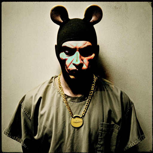  rat, evil, sinister, wearing prison outfit, mugshot style, no human, 
gold chain
