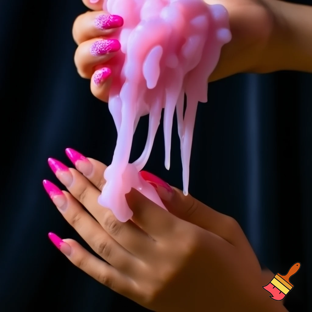 crate a picture of hands with hot pink glitter French tip nails playing with lots of fluffy pink slime. Make it look very baddie with dark backround
