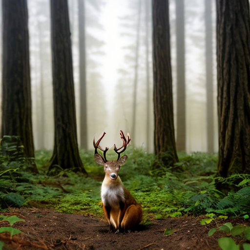A gentle, intelligent-looking female deer named Mimi stands in a misty, magical forest. She wears a classic tweed deerstalker hat, like an old-fashioned detective. Perched playfully between her antlers is a tiny, energetic squirrel, acting as a lookout, peering into the distance. In the foreground, a large bear footprint and a bright red berry lie on the forest floor, being carefully examined through a shiny magnifying glass held near them. The forest is full of tall trees with soft green leaves, beams of sunlight shining through the mist, and dappled light on the ground. The mood is “whimsical mystery” — cozy, curious, and slightly foggy, with soft, storybook-style colors and gentle expressions on the animals’ faces