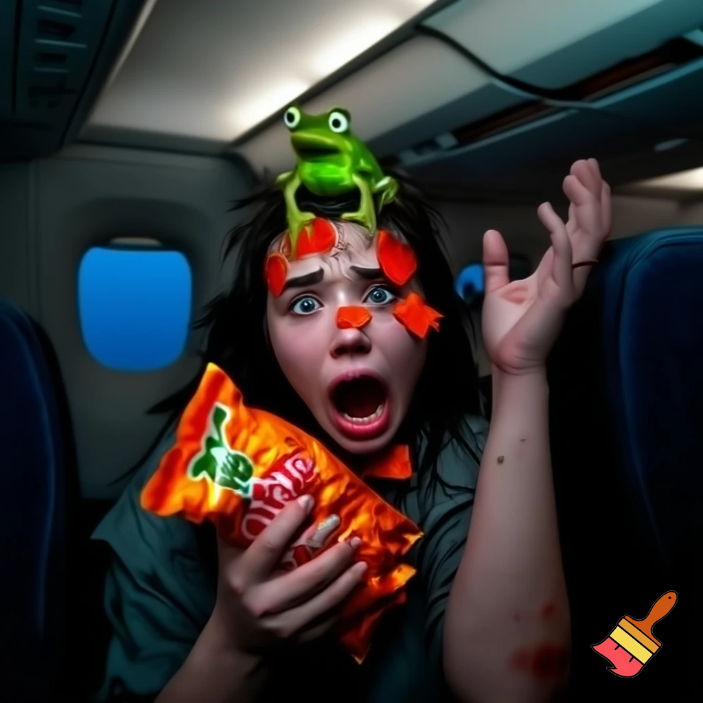 a inpoyle in  a plane is sacred of a frog on her head she scram she put hot cheetos on her head