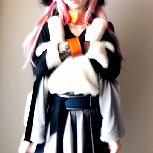 Girl With VERY DARK BROWN (Almost Black) Hair At The Top, An Ahoge Of The Same Color At The Top Of Her Head, Pink Locks In The Middle, And The Very Bottom Of Her Hair Is White, She Has Amber Eyes, One Of Them (Her Left) Is COvered By Her Hair, She Has Fluffy White Inu Ears At The RIGHT AND LEFT SIDES Of Her Head, She Wears An ORANGE Bandana In Her NECK, Dark Grey Longsleeved Shirt Who's Sleeves Are Oversized, A Belt Over A Dark Blue Skirt, And A White Fluffy Inu Tail