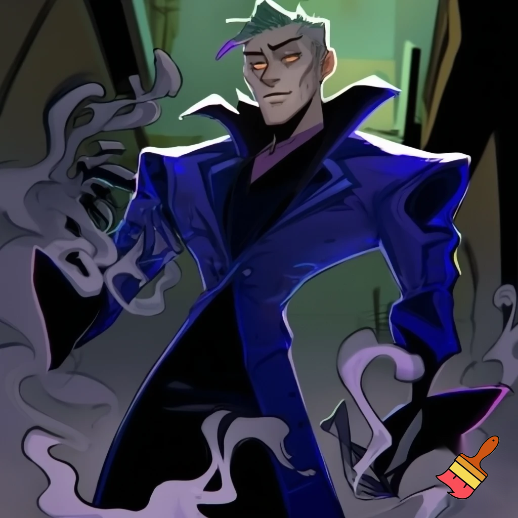 Percival from Vox Machina in the cartoon style of hazbin hotel wearing his signature blue overcoat with smoke curling around him
