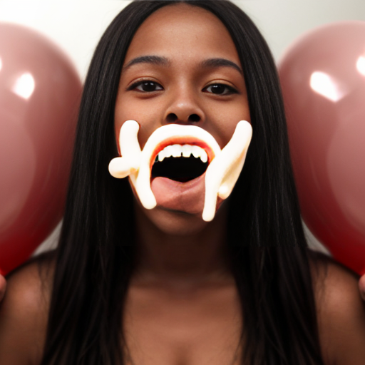 Zuri Tibby is an African American dark skin fashion model woman 5-foot-10. has a long black hair, naked depicted as a long cylindrical shape inflated like a balloon inflated like a balloon oblong cylinder shape dark chocolate hot dog body sausage forming a long thin cylindrical balloon with breast and belly button with no visible definition of limbs with no visible definition of limbs she was screaming, being eaten and ripped by the giant human mouth of the mouth background giant white human face male mouth her body inside the giant mouth being eaten, biting and ripped by a giant human teeth closed on her body crush on her body biting it in half