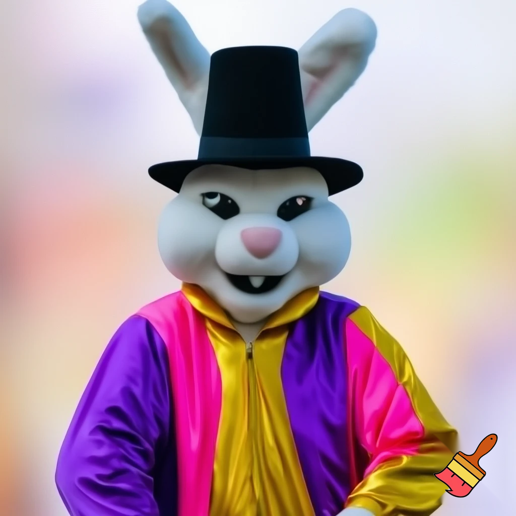 Easter bunny mascot costume top hat a colour face jacket purple and pink pink, purple and pink and gold purple and pink and gold