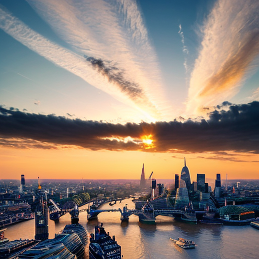 make the skyline of london with a sunset and fluying clouds in the sky