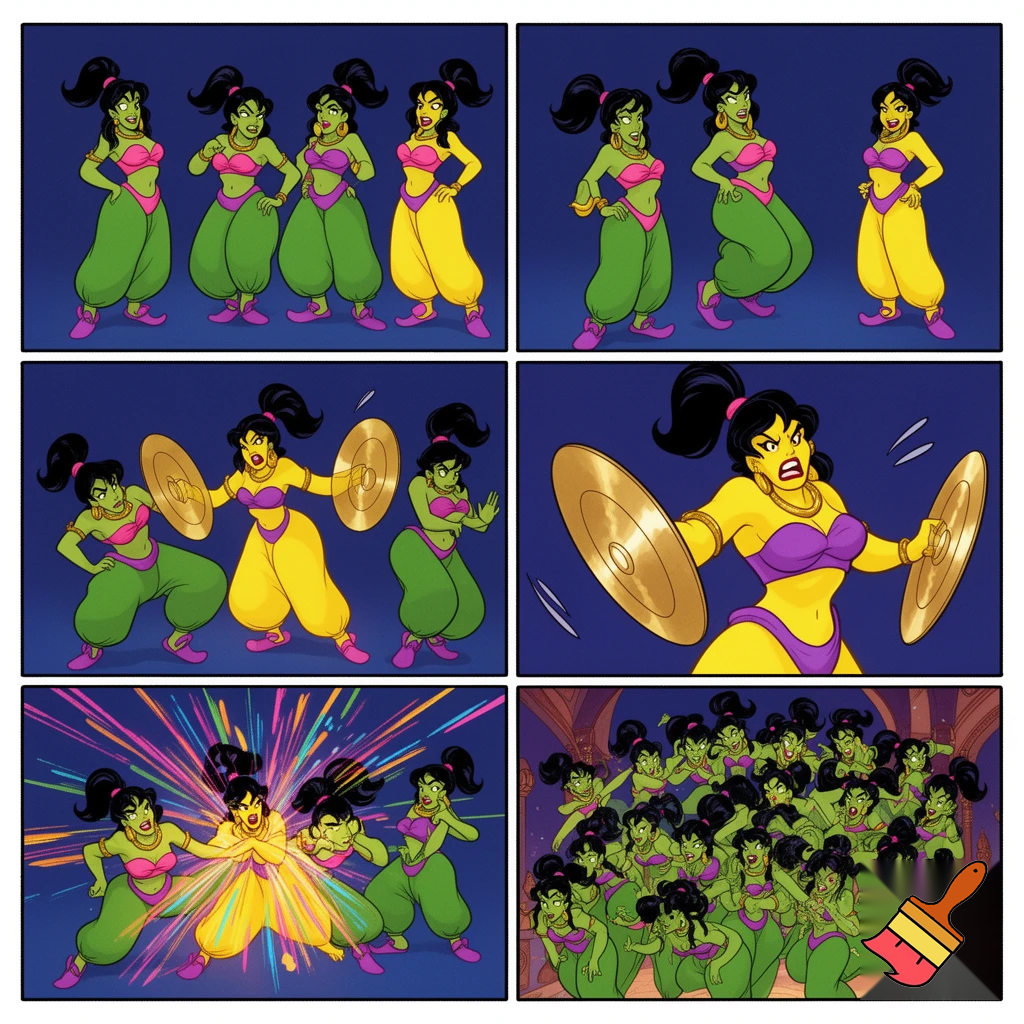 90's disney's 2d aladdin style comic dark blue background and panels of panel 1the three black haired ponytail women with big breast and hips green skin,green harem pants pink bra and pink sash and pink curved slippers,  humiliate the black haired ponytail woman with yellow skin,yellow harem pants purple bra and purple sash and purple curved slippers by the new looks of the three black haired ponytail woman with big breast and hips with green skin,green harem pants pink bra and pink sash and pink curved slippers. 
Panel 2 Then the curvy figure black haired ponytail woman with yellow skin,yellow harem pants purple bra and purple sash and purple curved slippers gets angrier and grows into a giantess curvy figure black haired ponytail woman with yellow skin,yellow harem pants purple bra and purple sash and purple curved slippers and grows a pair of cymbals from her hands. 
Panel 3 then the giant curvy figure black haired ponytail woman with yellow skin,yellow harem pants purple bra and purple sash and purple curved slippers then smashes the three ponytail black haired women with green skin,green harem pants,pink bra and pink sash and pink curved slippers between a pair of cymbals. 
Panel 4 This causes the three black haired ponytail barefoot women with green skin,green harem pants, pink bra and pink sash and pink curved slippers to multiply again and this time becoming a mass of  black haired ponytail women with green skin green harem pants pink bra and pink Sash and pink curved slippers marches under the giantess black haired ponytail woman with yellow skin,yellow harem pants purple bra and purple sash and purple curved slippers