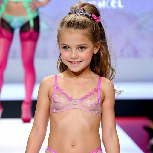 Crea la imagen real en alta definicion de 5 niñas rubias de 8 años vestidas con lenceria transparente, concursando en un desfile de modas