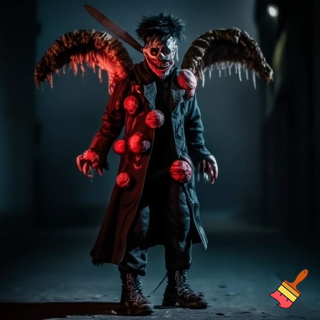 

> **"A terrifying Halloween character standing in a dark, foggy alley at night. He wears a long black trench coat splattered with fresh and dried blood. Protruding from his chest and back are cracked, glowing spheres—black and crimson, pulsing with eerie red light. His lower body is clad in tight black pants and heavy combat boots. Nails pierce through his feet and legs. His face is painted with grotesque horror makeup: an unnaturally wide, jagged smile stretching ear to ear, eyes covered with black crosses, and wild, spiky black hair. His skin is fractured with black lightning-like cracks emitting dark energy. His eyes are wide, bloodshot, and insane—like a psychotic killer. A large rusty knife is embedded deep into his skull. From his back, torn, demonic wings made of bone and charred flesh extend outward. Hyper-detailed, cinematic lighting, horror atmosphere, 8k, photorealistic style."**

